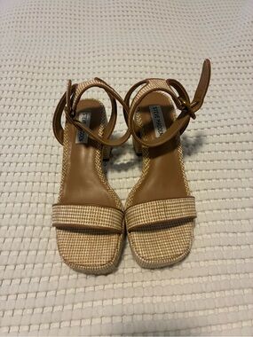 Steve Madden Tan Woven Block-Heel Sandals with Ankle Strap
